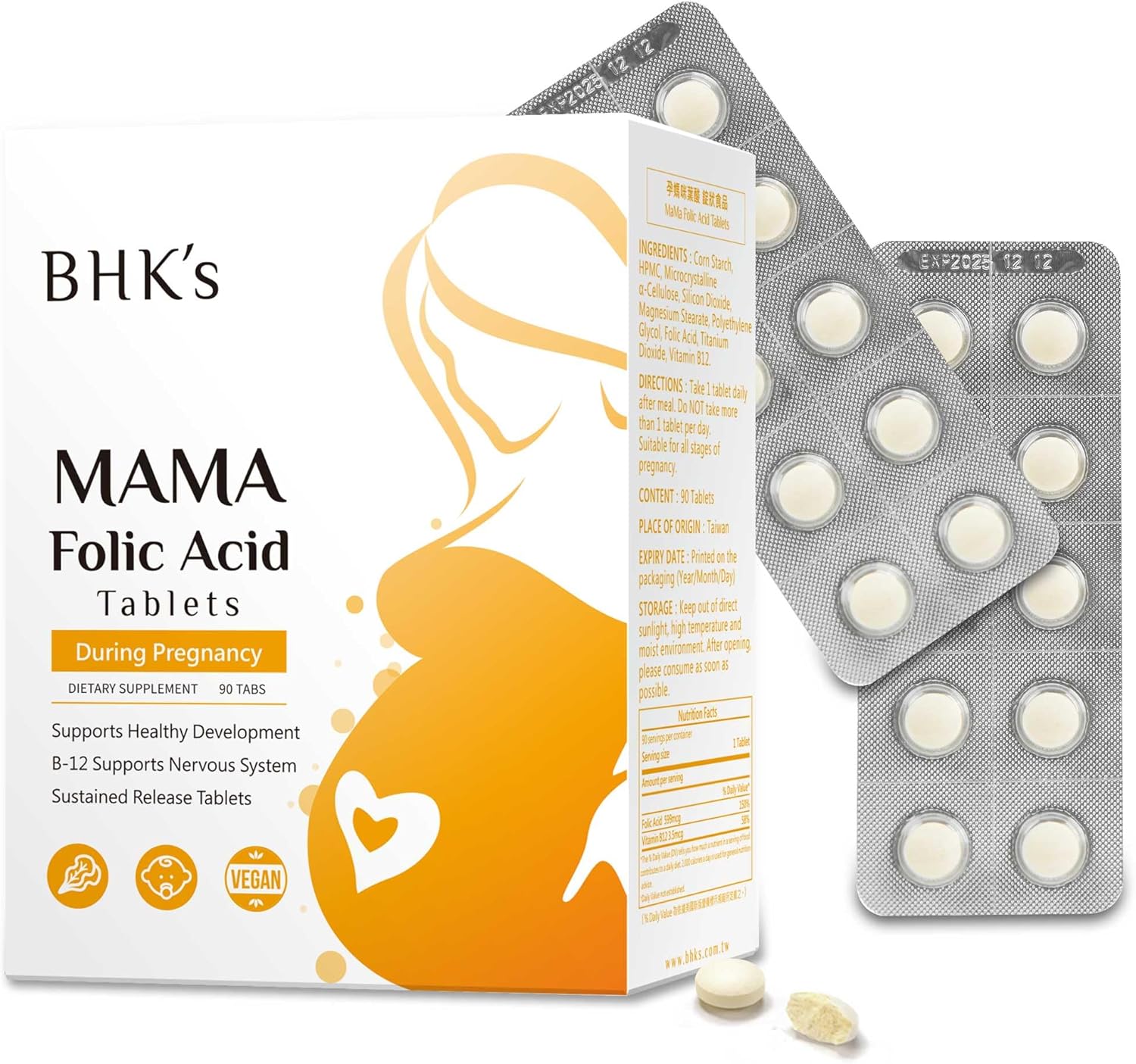Folic Acid Tablets for Baby Nervous System Support Before, During, and After Pregnancy - 90 Essential Vitamins for Mom & Baby