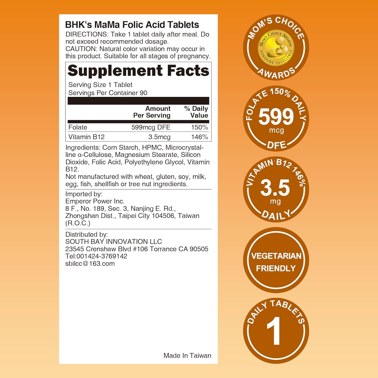 Folic Acid Tablets for Baby Nervous System Support Before, During, and After Pregnancy - 90 Essential Vitamins for Mom & Baby