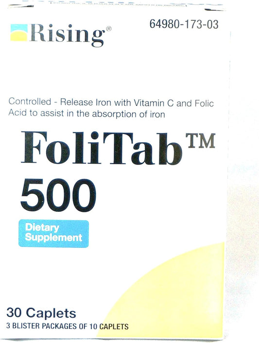 FoliTab 500 Iron Supplement with Vitamin C and Folic Acid - 30 Caplets