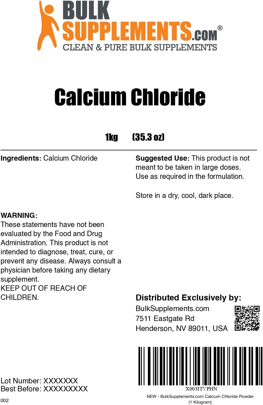Food Grade Calcium Chloride Dihydrate Powder Supplement - Gluten Free, 1kg (2.2 lbs) Pack of 1 - BulkSupplements.com