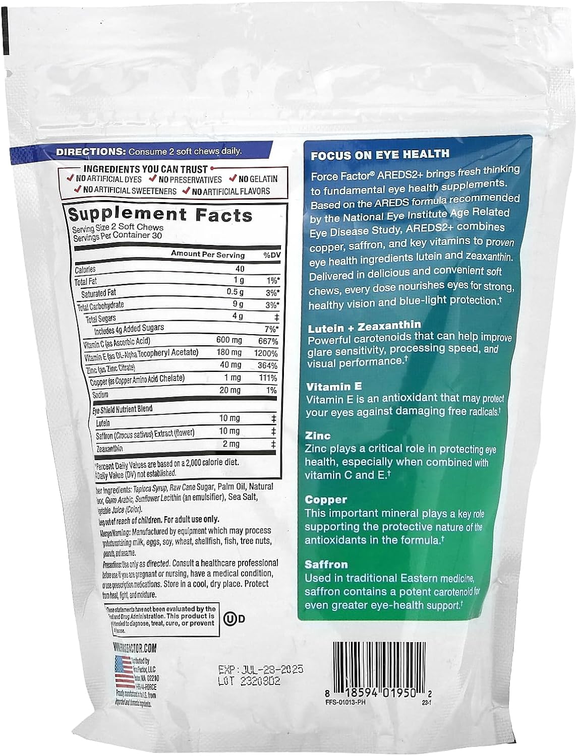 FORCE FACTOR AREDS2+ Eye Vitamins - Macular Carotenoids Support, Vision Health Supplements for Adults, Tropical Punch Flavor - 60 Soft Chews