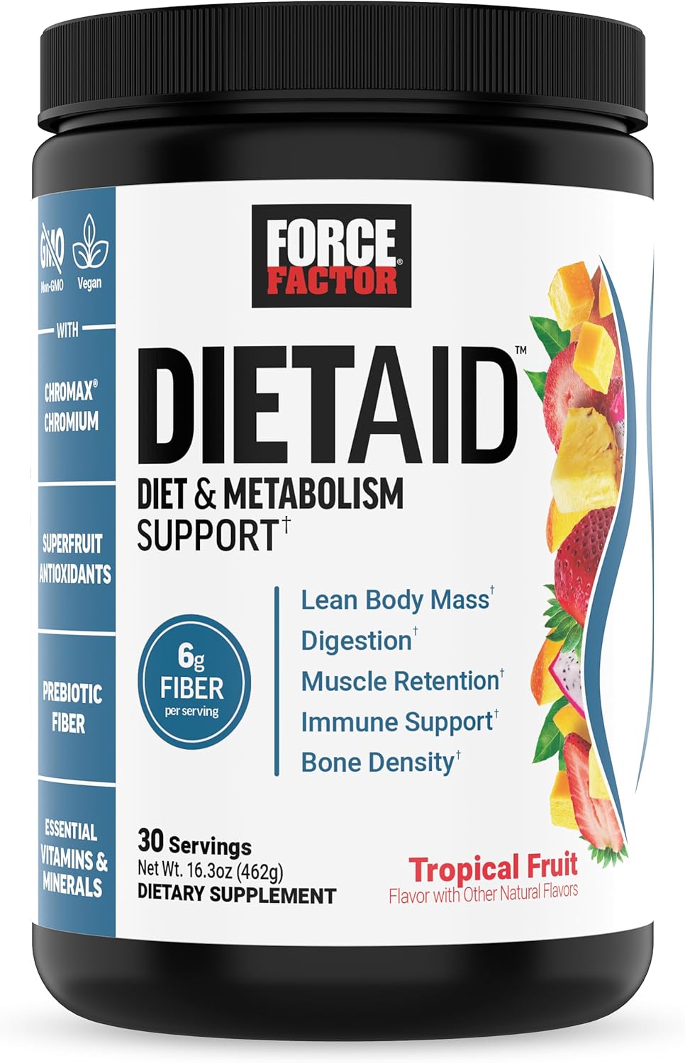 Force Factor Diet Aid Powder: Metabolism Booster & Lean Body Support with 15x More Absorbable Chromium, Tropical Fruit Flavor, 30 Servings