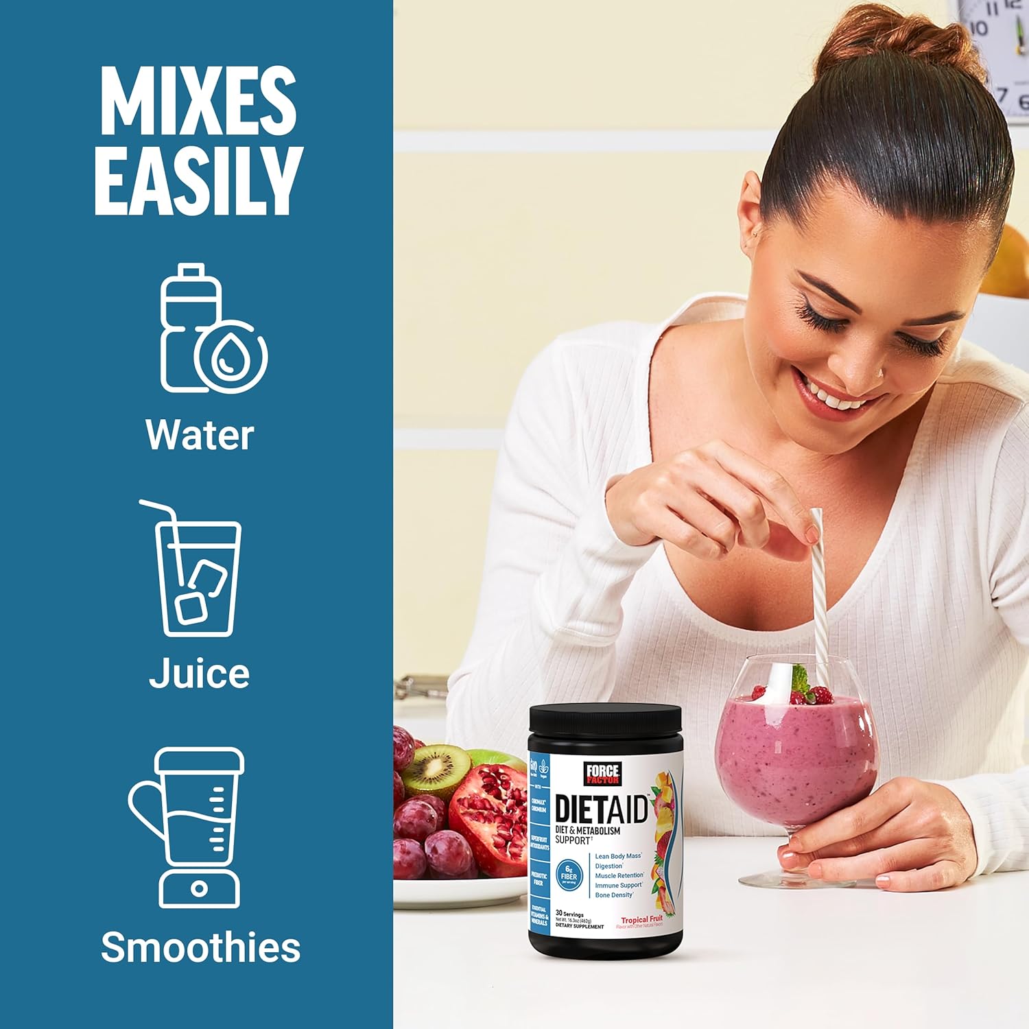 Force Factor Diet Aid Powder: Metabolism Booster & Lean Body Support with 15x More Absorbable Chromium, Tropical Fruit Flavor, 30 Servings