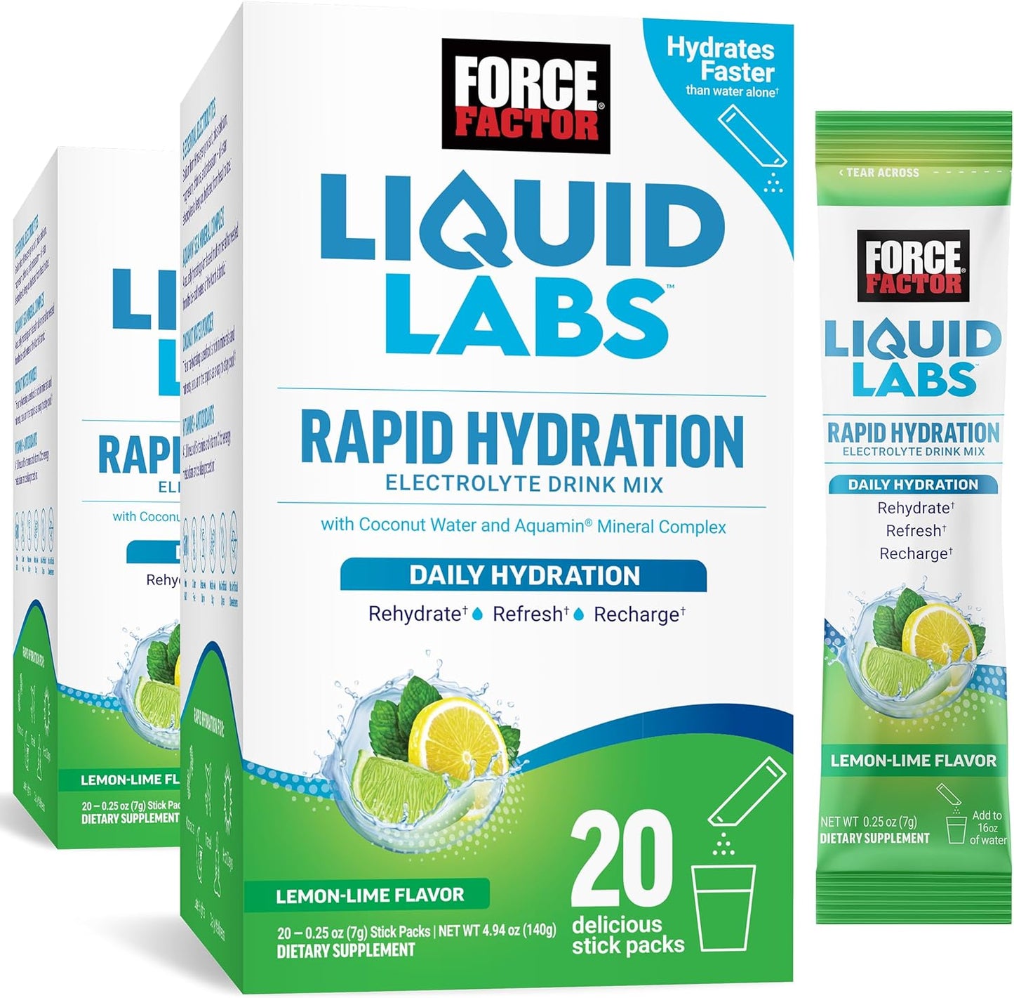 Force Factor Liquid Electrolyte Powder Packets - Lemon Lime Flavor - Hydration with 5 Essential Electrolytes, Vitamins, Minerals, Antioxidants - 40 Stick Packs, 2-Pack