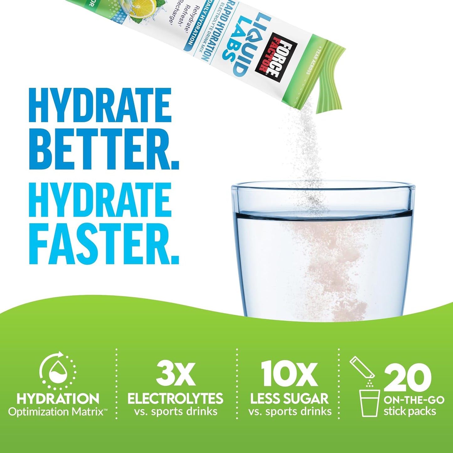Force Factor Liquid Electrolyte Powder Packets - Lemon Lime Flavor - Hydration with 5 Essential Electrolytes, Vitamins, Minerals, Antioxidants - 40 Stick Packs, 2-Pack