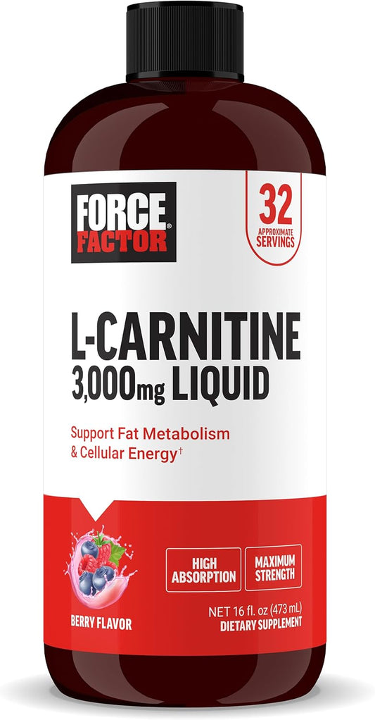 Force Factor Liquid L-Carnitine Supplement 3000 mg - Energy & Muscle Recovery - Maximum Strength Berry Flavor - 16 Oz Bottle