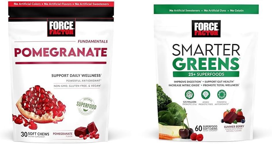 Force Factor Pomegranate Soft Chews & Smarter Greens Superfood Chews with 25+ Superfoods, Probiotics, Prebiotic Fiber - 60 Chews