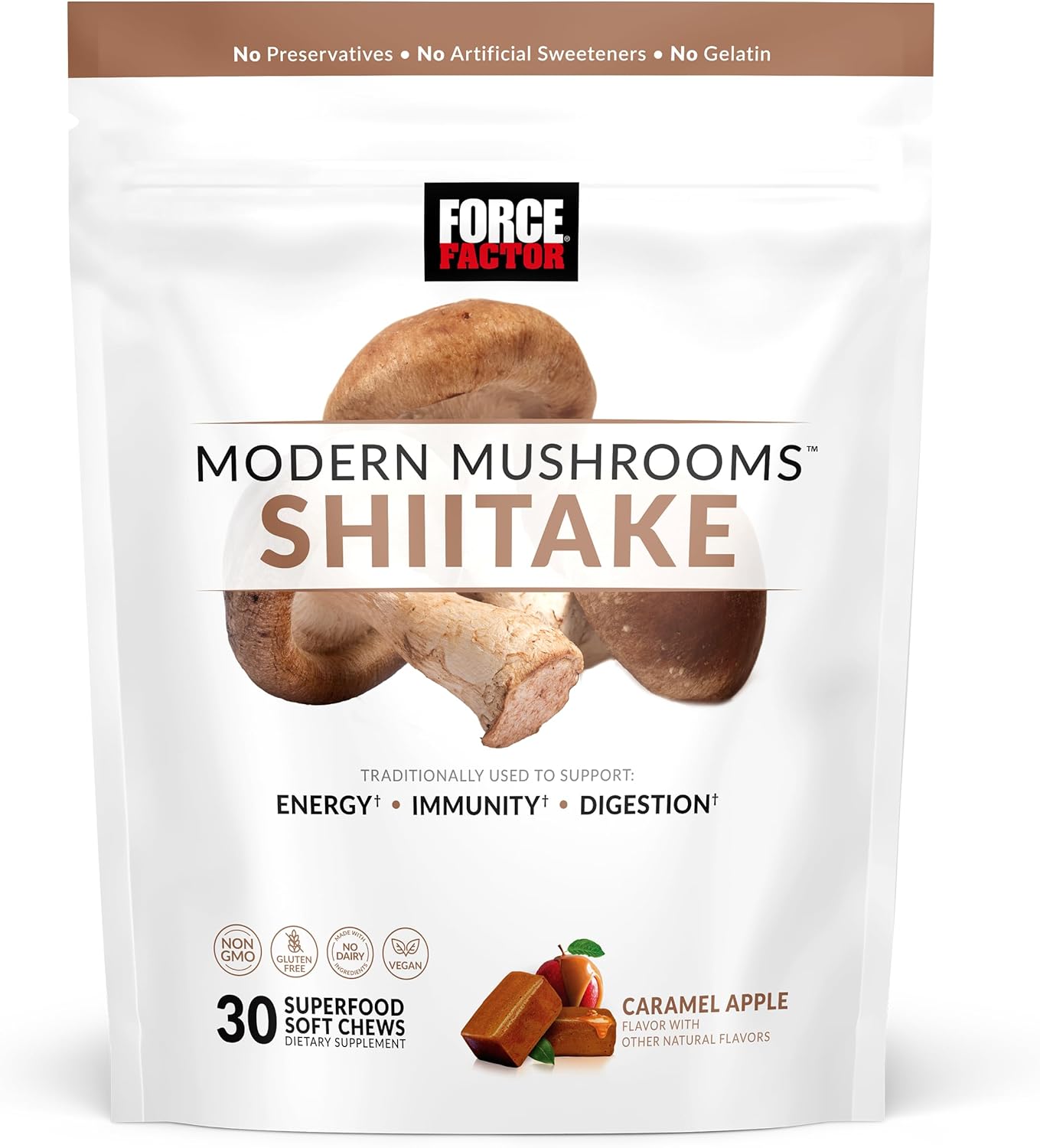 FORCE FACTOR Shiitake Mushrooms Soft Chews: Energy, Immunity, Digestive Health, Antioxidants, Caramel Apple Flavor, 30 Chews