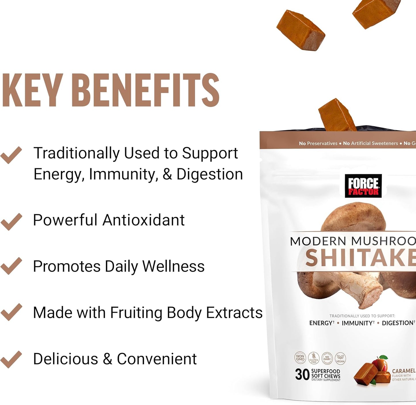 FORCE FACTOR Shiitake Mushrooms Soft Chews: Energy, Immunity, Digestive Health, Antioxidants, Caramel Apple Flavor, 30 Chews
