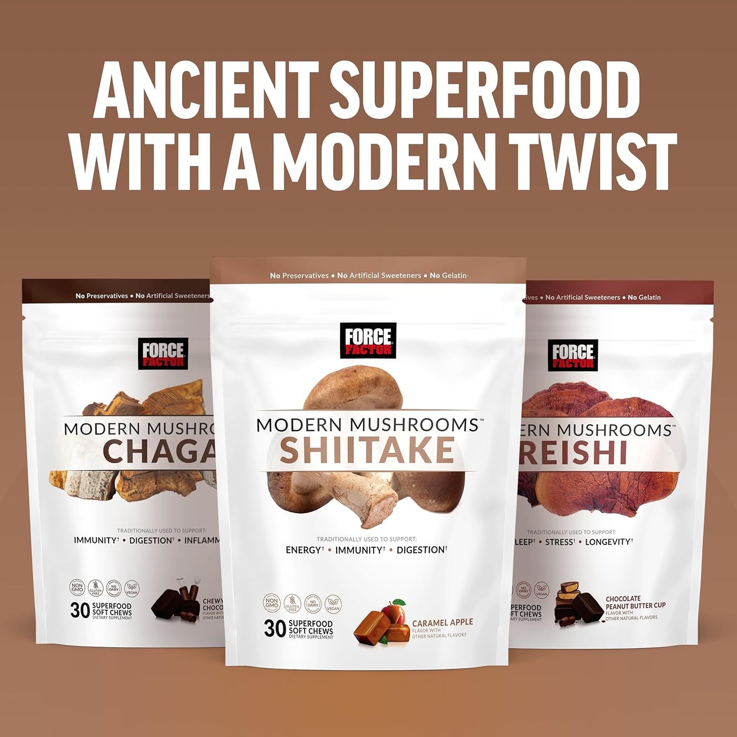 FORCE FACTOR Shiitake Mushrooms Soft Chews: Energy, Immunity, Digestive Health, Antioxidants, Caramel Apple Flavor, 30 Chews