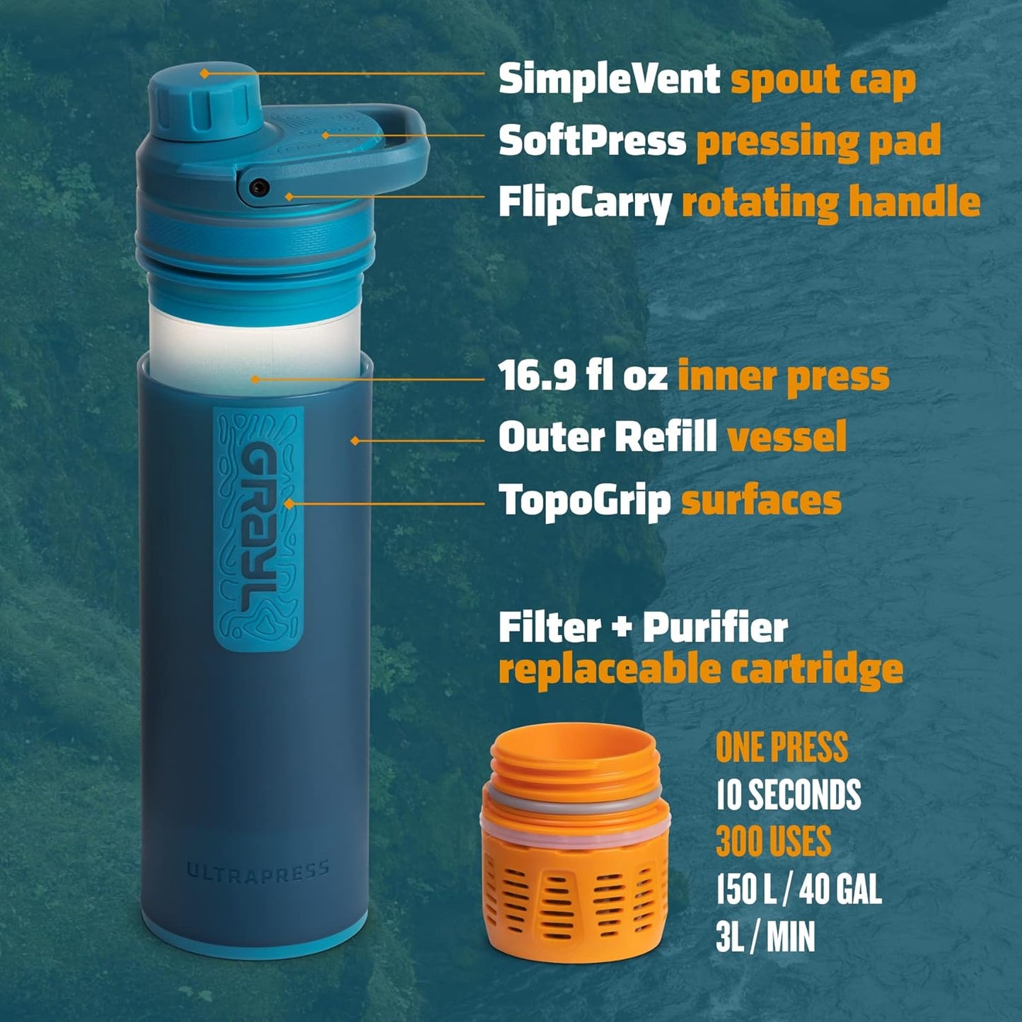 Forest Blue GRAYL UltraPress Water Purifier Bottle for Hiking, Backpacking, and Travel - Filter Included