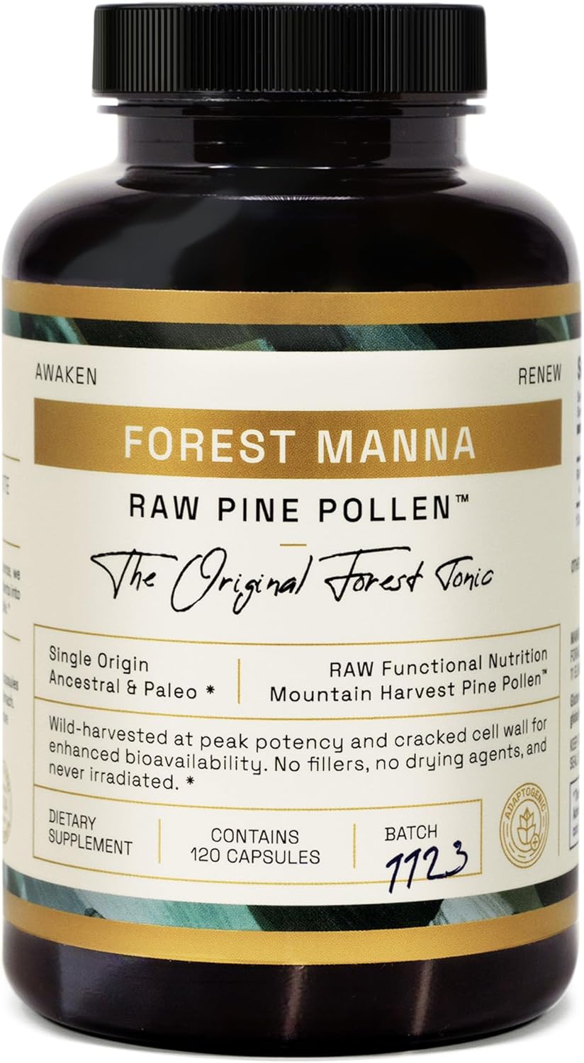 Forest Manna RAW Pine Pollen Capsules - Adaptogenic Functional Nutrition - Single Origin - 120 Capsules, Vegan & Non-GMO
