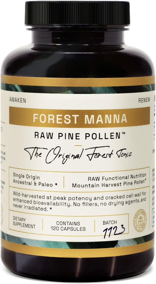 Forest Manna RAW Pine Pollen Capsules - Adaptogenic Functional Nutrition - Single Origin - 120 Capsules, Vegan & Non-GMO
