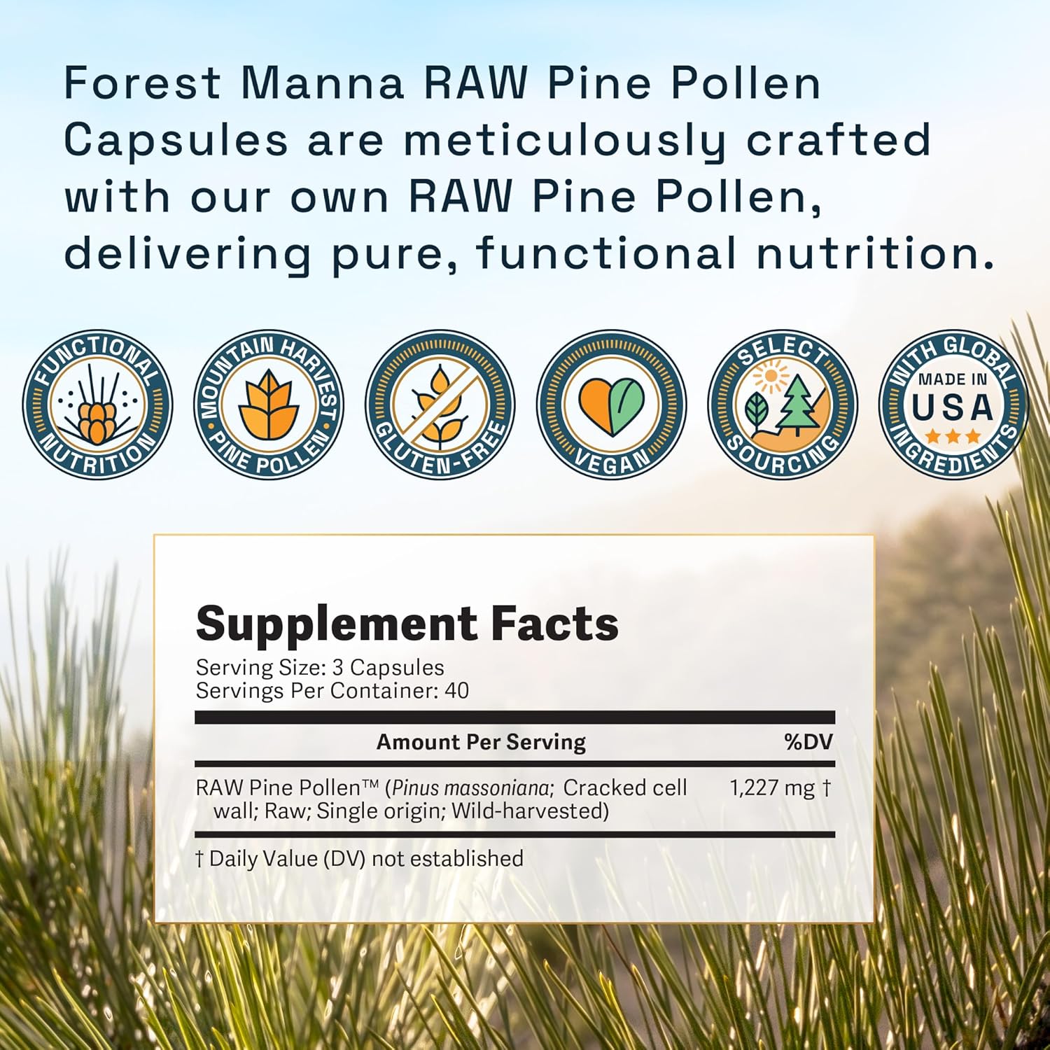 Forest Manna RAW Pine Pollen Capsules - Adaptogenic Functional Nutrition - Single Origin - 120 Capsules, Vegan & Non-GMO