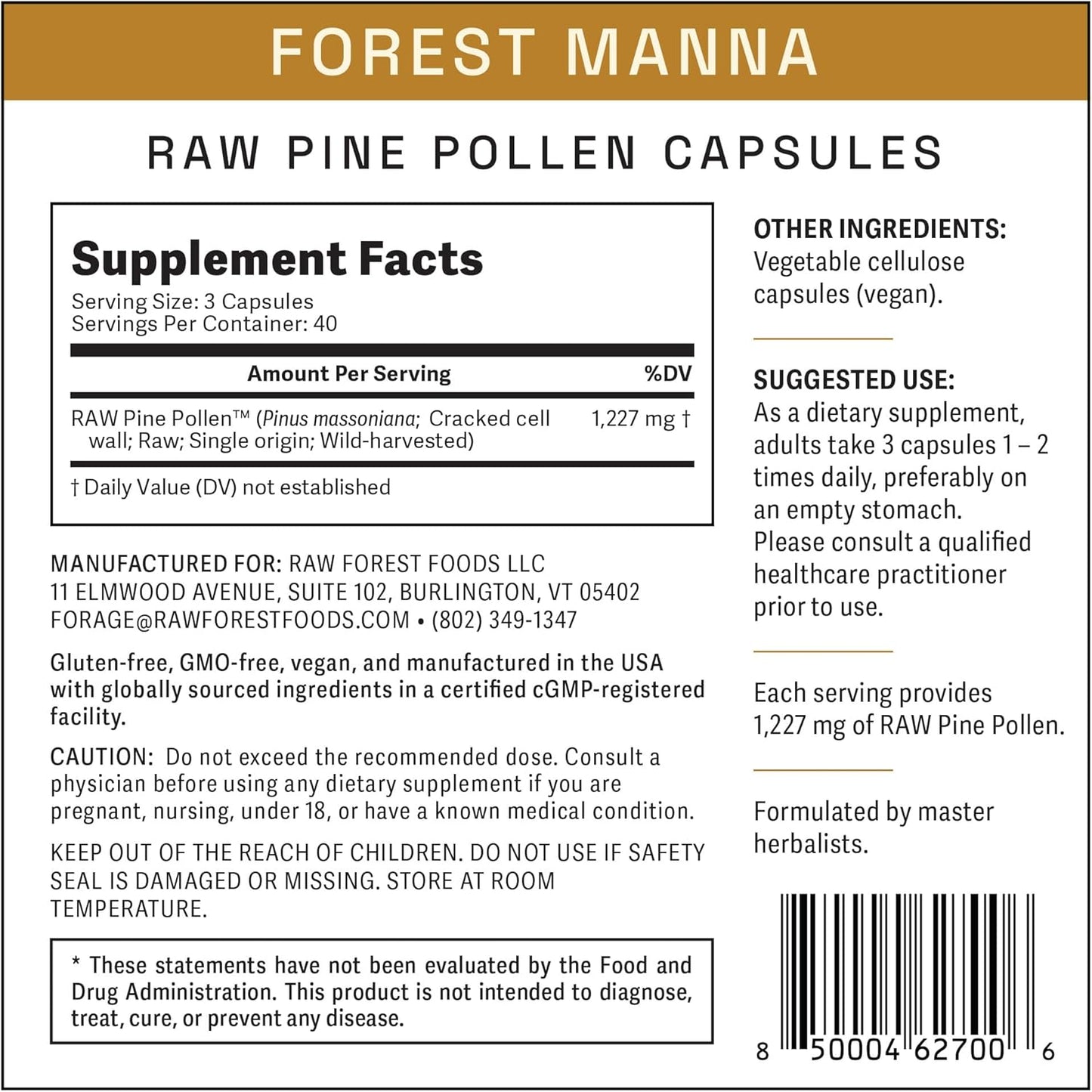 Forest Manna RAW Pine Pollen Capsules - Adaptogenic Functional Nutrition - Single Origin - 120 Capsules, Vegan & Non-GMO