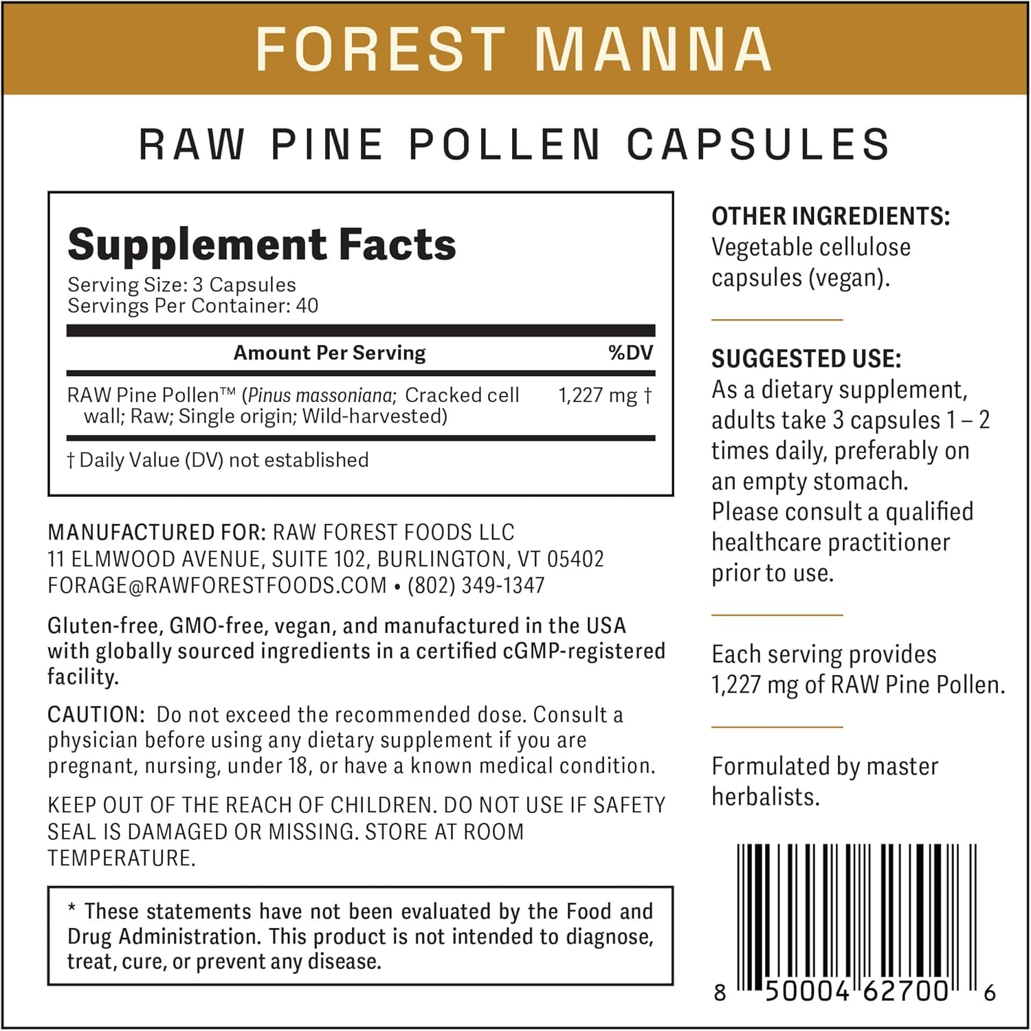 Forest Manna RAW Pine Pollen Capsules - Adaptogenic Functional Nutrition - Single Origin - 120 Capsules, Vegan & Non-GMO