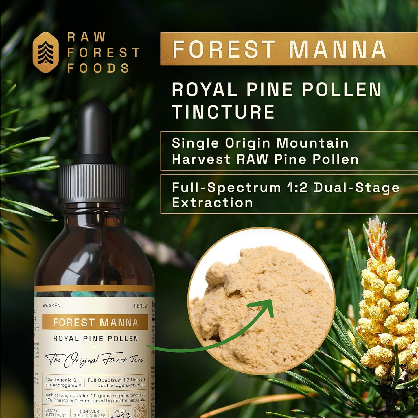 Forest Manna Royal Pine Pollen Tincture - Pure Dual-Stage Extract - 2 Fl Oz Bottle - Genuine Pine Pollen