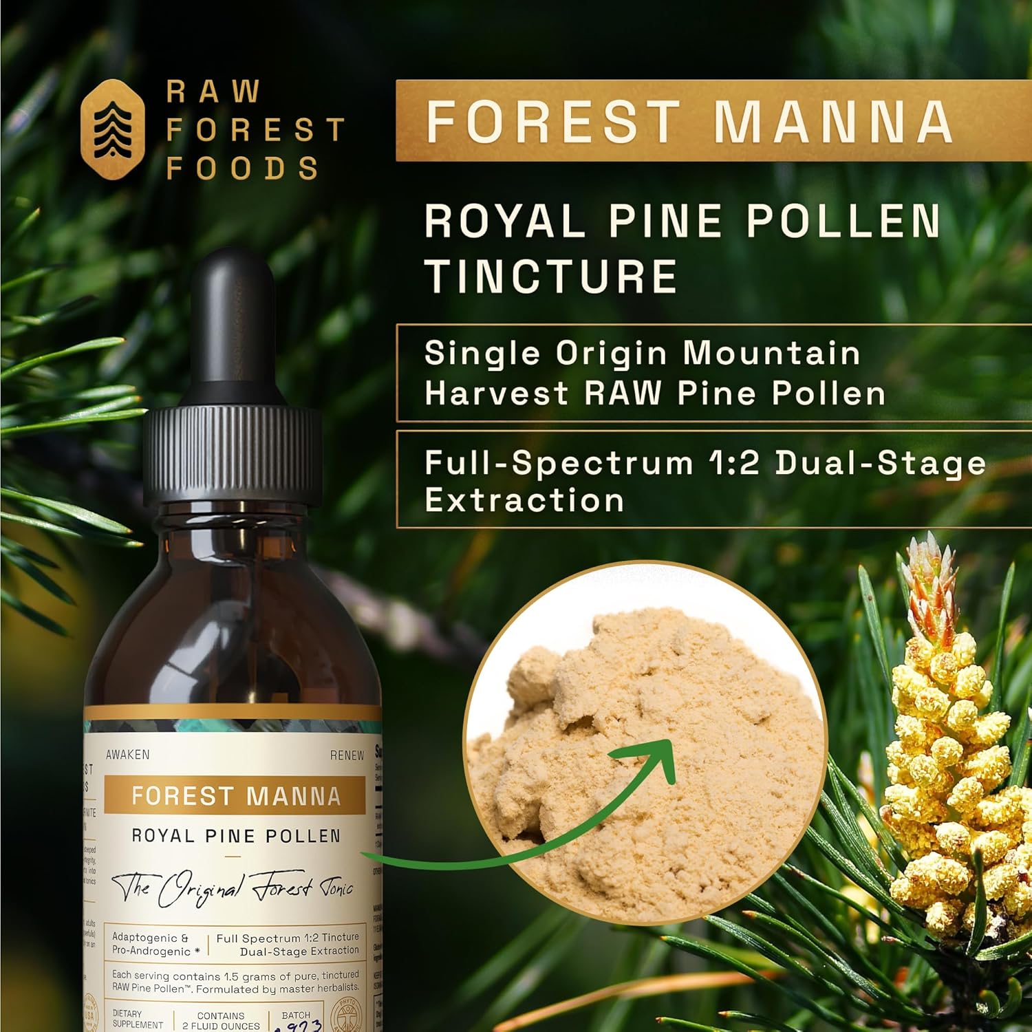 Forest Manna Royal Pine Pollen Tincture - Pure Dual-Stage Extract - 2 Fl Oz Bottle - Genuine Pine Pollen