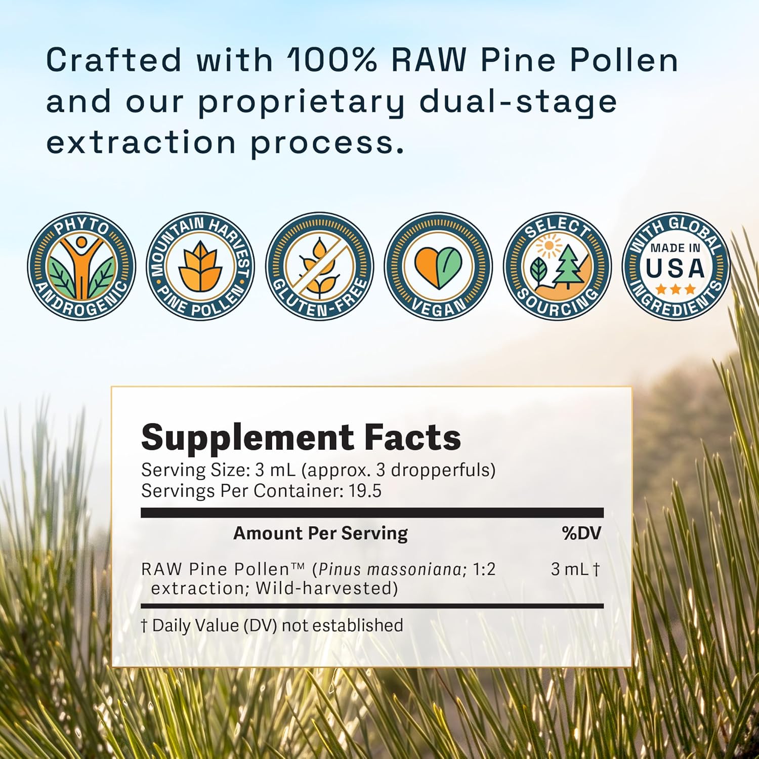 Forest Manna Royal Pine Pollen Tincture - Pure Dual-Stage Extract - 2 Fl Oz Bottle - Genuine Pine Pollen