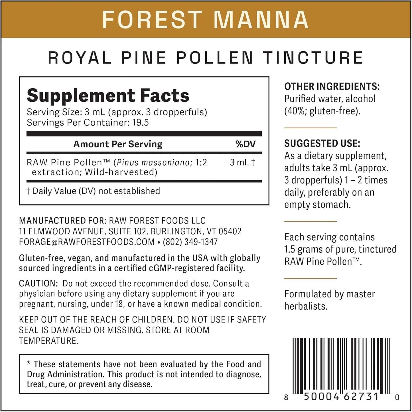 Forest Manna Royal Pine Pollen Tincture - Pure Dual-Stage Extract - 2 Fl Oz Bottle - Genuine Pine Pollen
