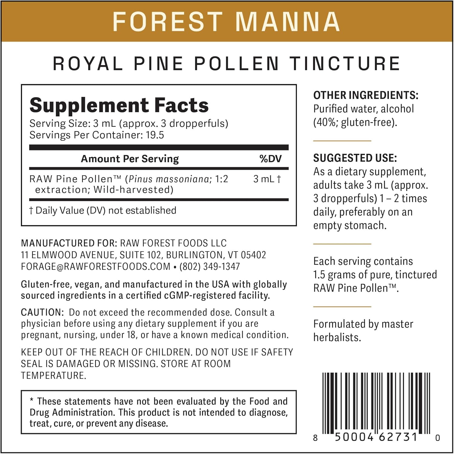 Forest Manna Royal Pine Pollen Tincture - Pure Dual-Stage Extract - 2 Fl Oz Bottle - Genuine Pine Pollen