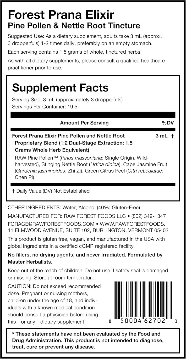Forest Prana Elixir Pine Pollen and Nettle Root Tincture - Dual-Stage Extraction - Mountain Harvest - 2 Oz Bottle