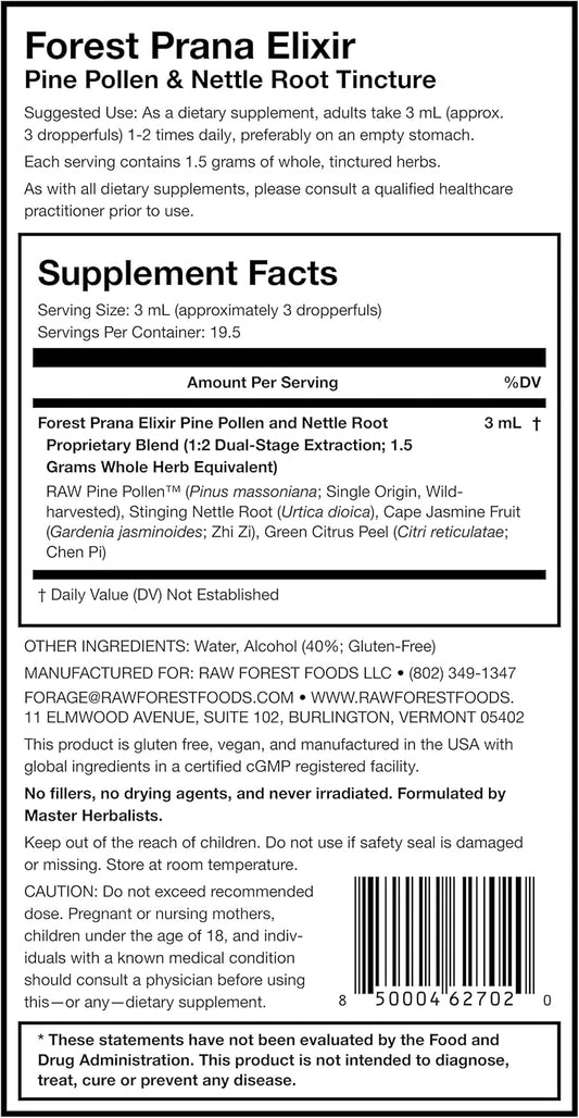 Forest Prana Elixir Pine Pollen and Nettle Root Tincture - Dual-Stage Extraction - Mountain Harvest - 2 Oz Bottle