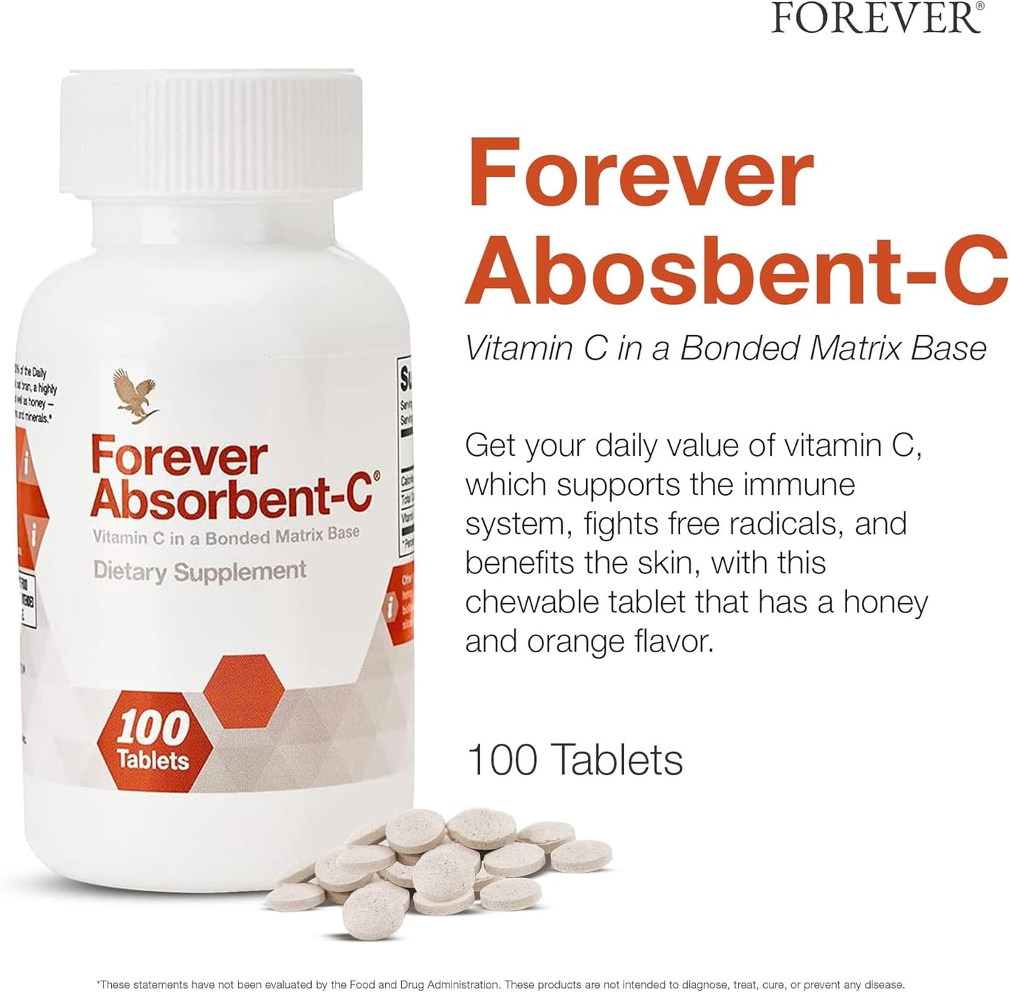 Forever Living Absorbent-C Orange & Honey Chewable Tablets - Vitamin C Supplement for Immune Support & Skin Health - 100 Tablets