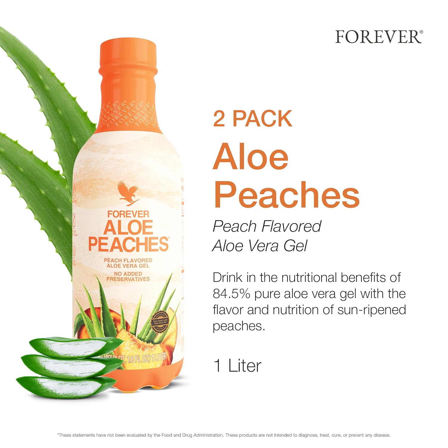 Forever Living Aloe Peaches Drink - Pure Aloe Vera with Real Peach Flavor - Promotes Digestion and Immune Health - Vegan, Gluten-Free - 33.8 fl oz x 2