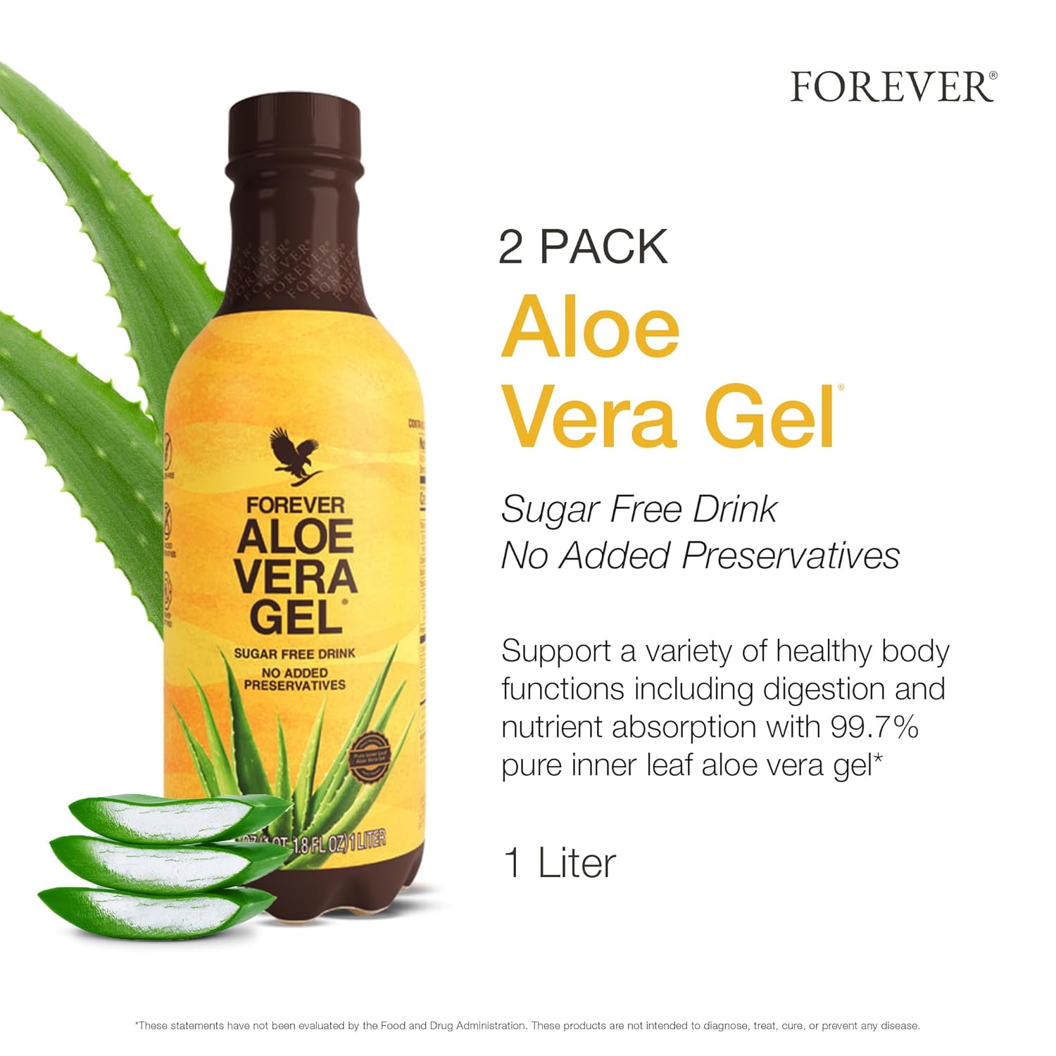 Forever Living Aloe Vera Gel - 99.7% Pure Inner Leaf Juice - Preservative-Free - 33.8 fl oz - Pack of 2