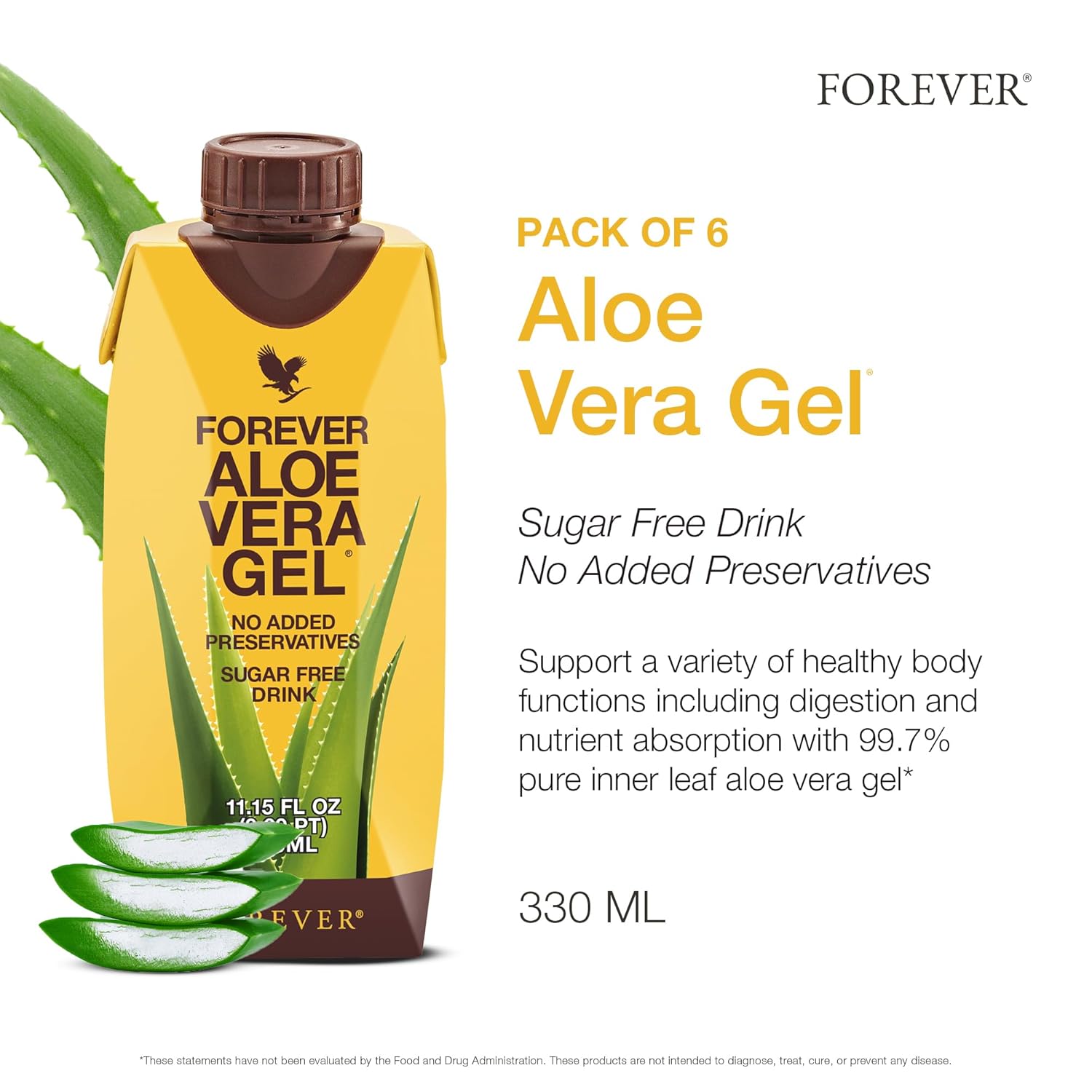 Forever Living Aloe Vera Gel - 99.7% Pure Inner Leaf Aloe Vera Juice - Pack of 6 - Preservative-Free - 11.15 fl oz