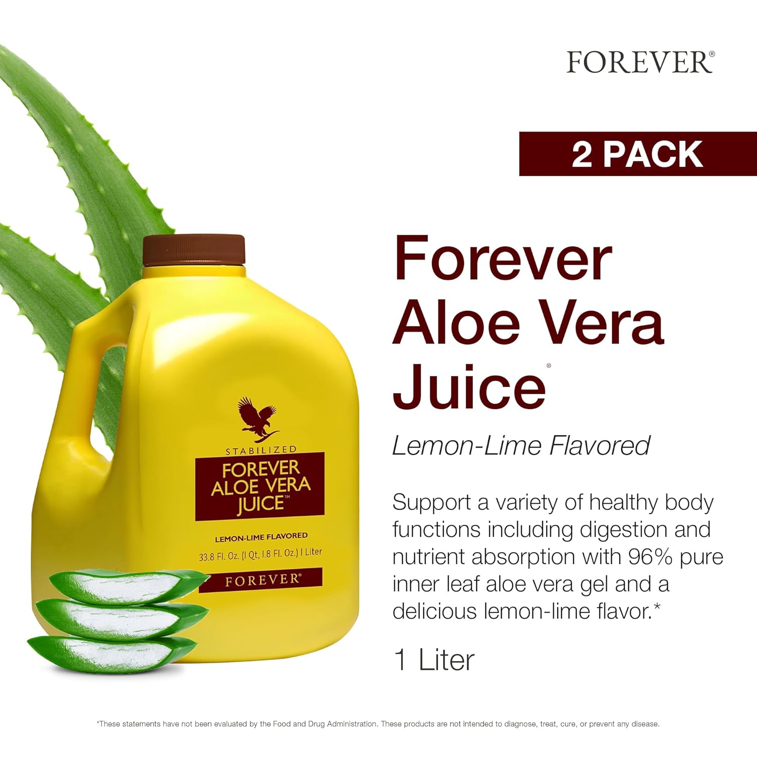 Forever Living Aloe Vera Juice Lemon Lime Flavor - Supports Digestion & Immunity - 1L Each (2 Pack)