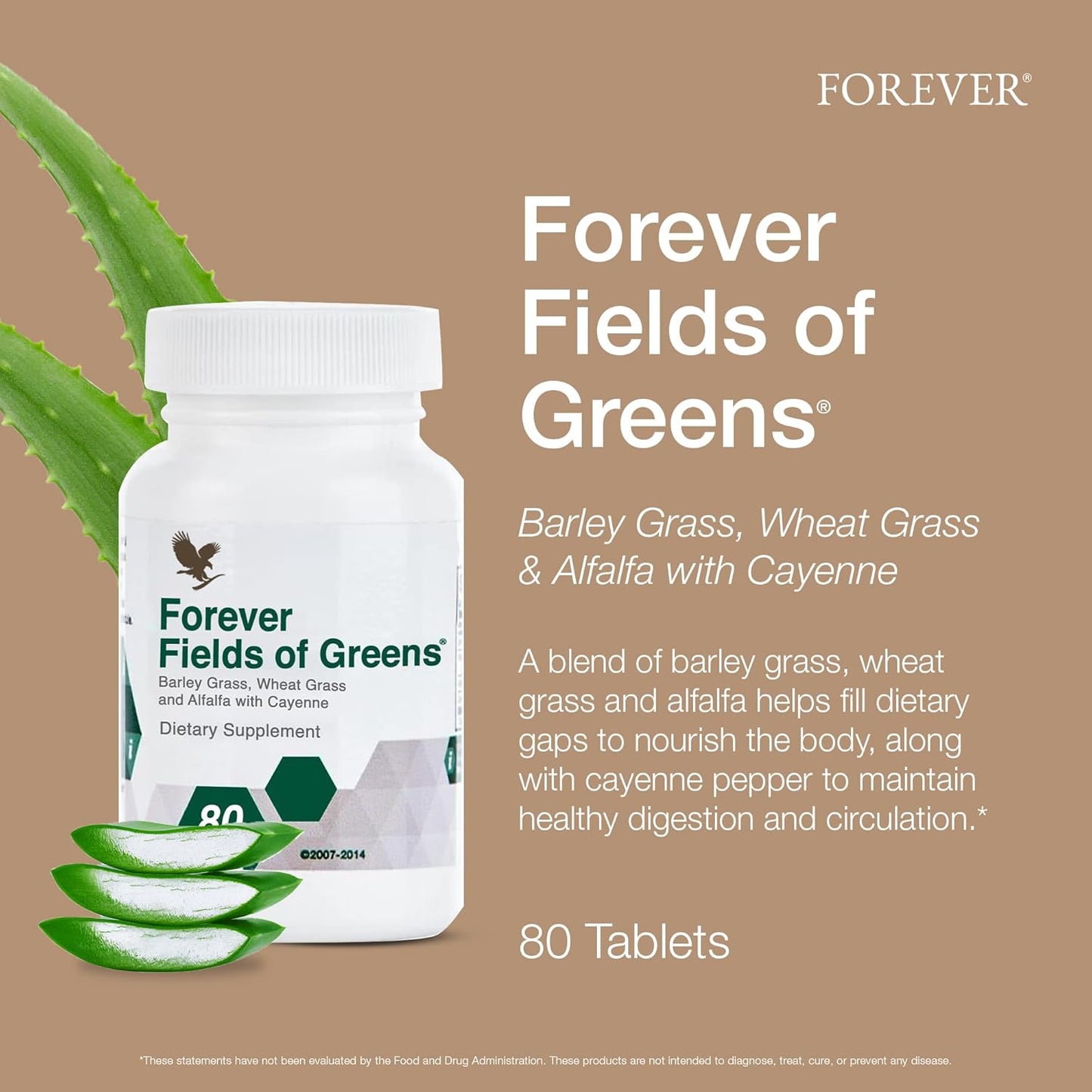Forever Living Fields of Greens Superfood Supplement - 80 Tablets - Barley Grass, Wheat Grass, Alfalfa - Cleansing & Alkalizing