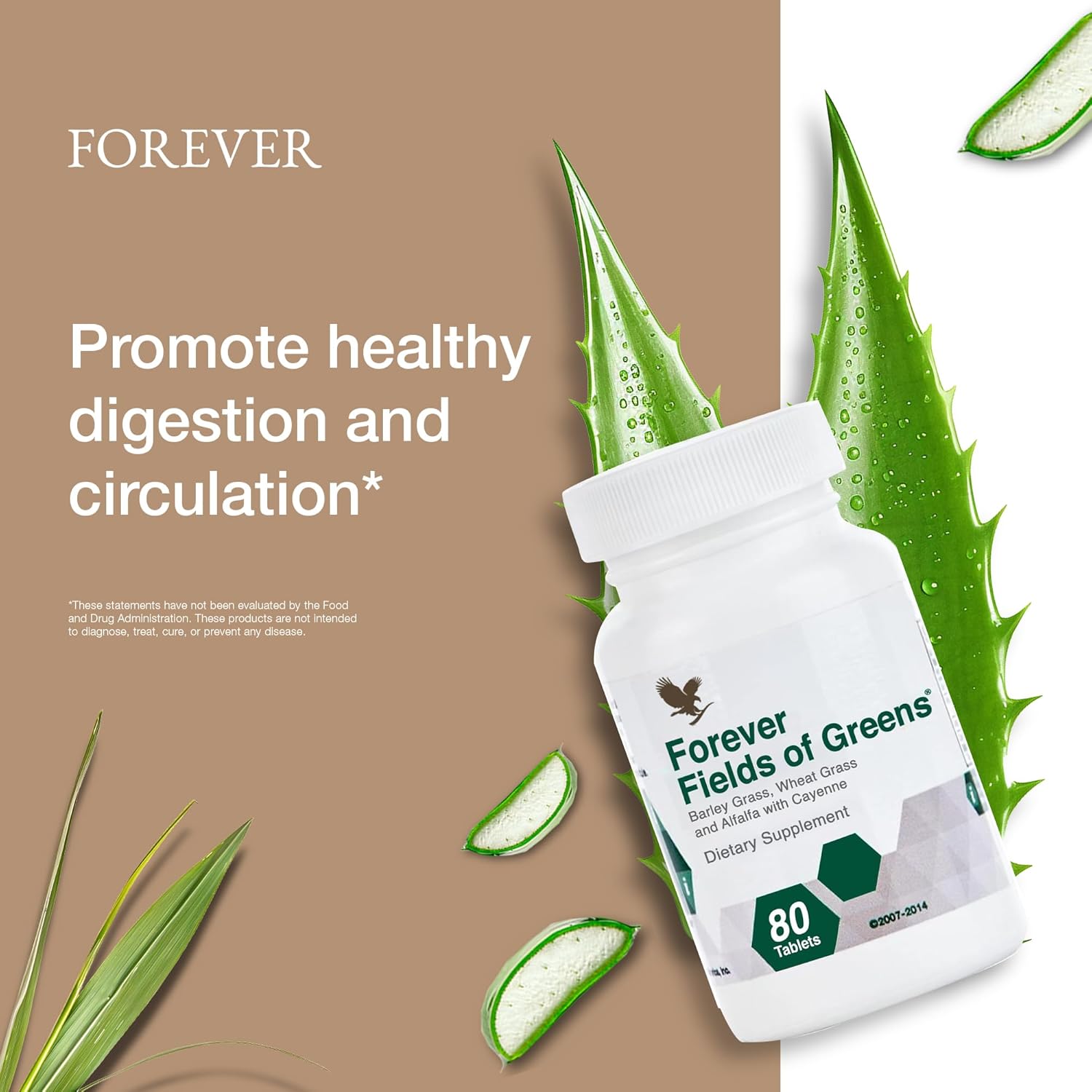 Forever Living Fields of Greens Superfood Supplement - 80 Tablets - Barley Grass, Wheat Grass, Alfalfa - Cleansing & Alkalizing