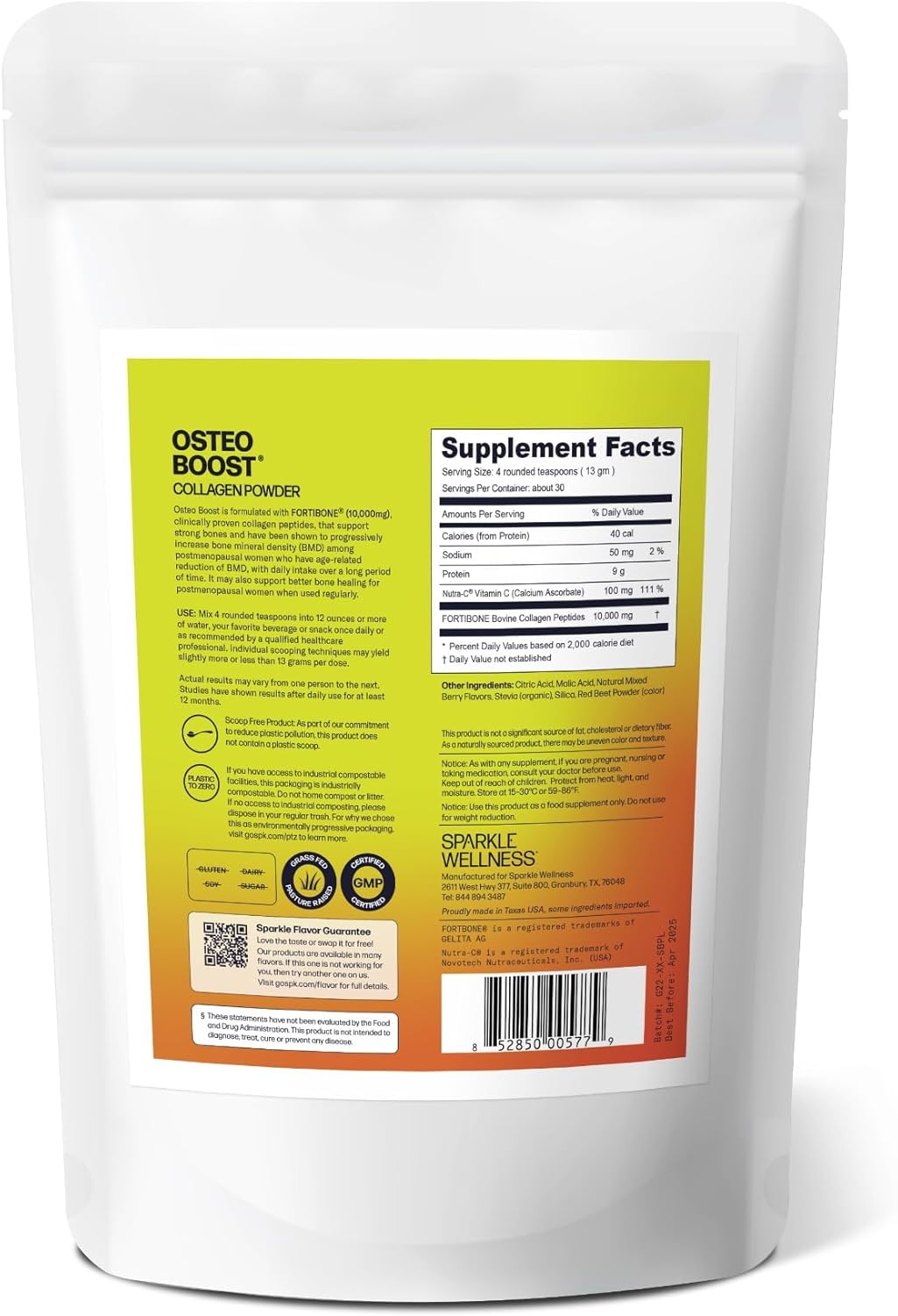 FORTIBONE Collagen Powder Supplement with Buffered Vitamin C for Bone Health - Mixed Berry Flavor | 30 Servings