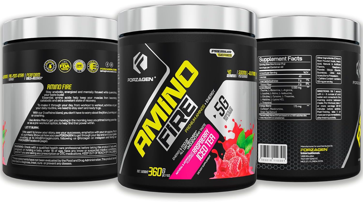 Forzagen Amino Fire Raspberry Ice Tea: Pre-Workout BCAA Energy Boost Powder with Focus & Muscle Recovery Support - 40 Servings