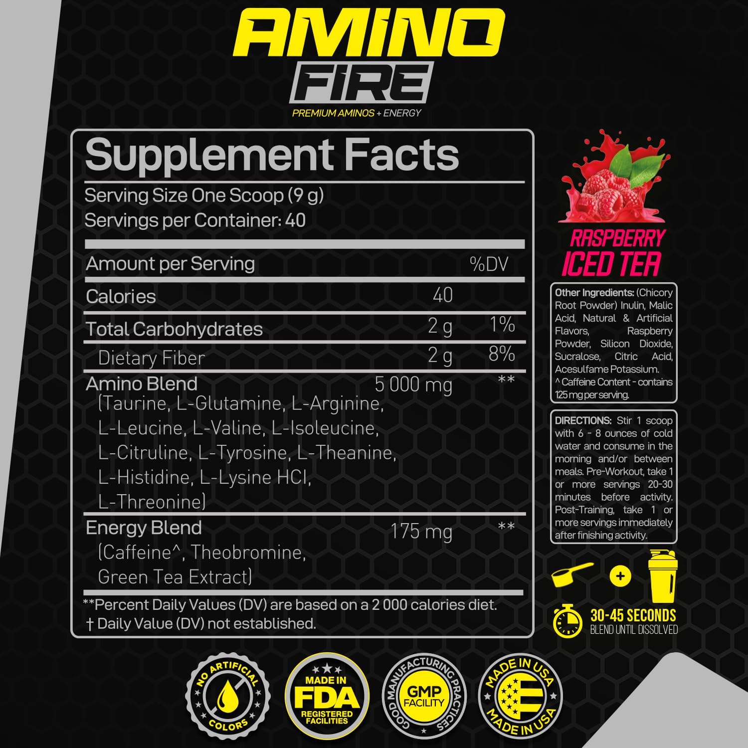Forzagen Amino Fire Raspberry Ice Tea: Pre-Workout BCAA Energy Boost Powder with Focus & Muscle Recovery Support - 40 Servings
