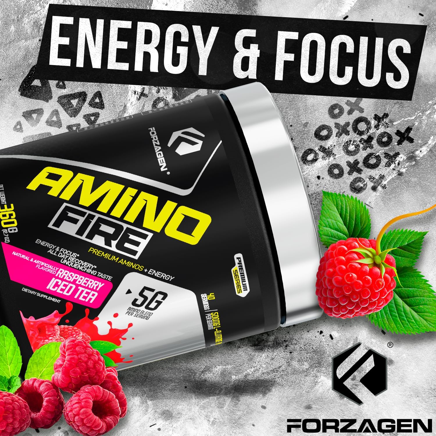 Forzagen Amino Fire Raspberry Ice Tea: Pre-Workout BCAA Energy Boost Powder with Focus & Muscle Recovery Support - 40 Servings