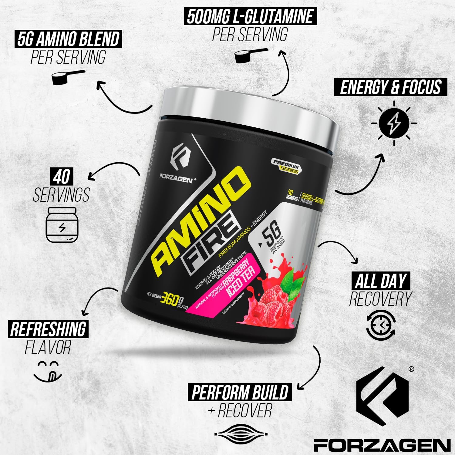 Forzagen Amino Fire Raspberry Ice Tea: Pre-Workout BCAA Energy Boost Powder with Focus & Muscle Recovery Support - 40 Servings