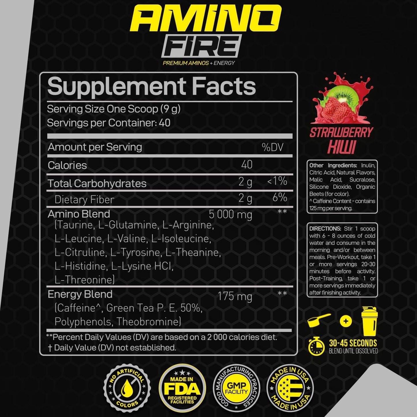 Forzagen Amino Fire Strawberry Kiwi Pre-Workout Energy Powder with BCAA for Muscle Recovery & Focus, 40 Servings