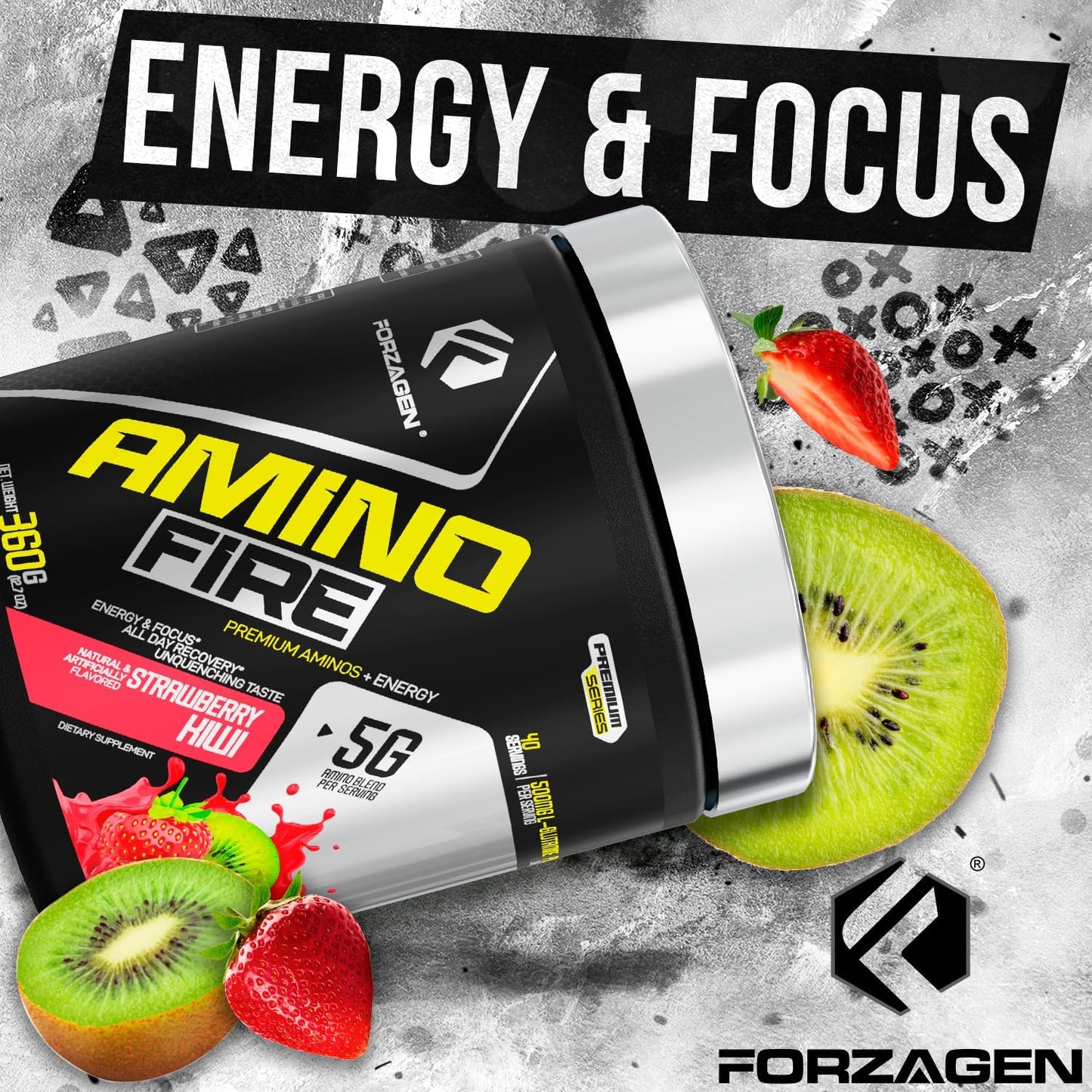 Forzagen Amino Fire Strawberry Kiwi Pre-Workout Energy Powder with BCAA for Muscle Recovery & Focus, 40 Servings