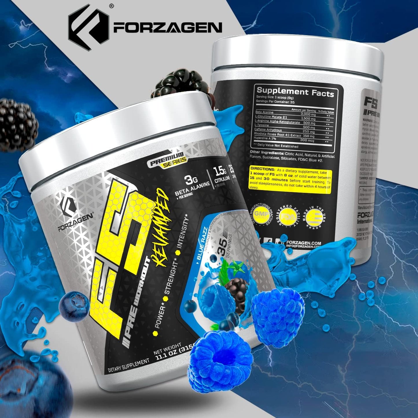 Forzagen F5 Blue Razz Pre Workout Powder - Sugar-Free Energy Booster for Men and Women