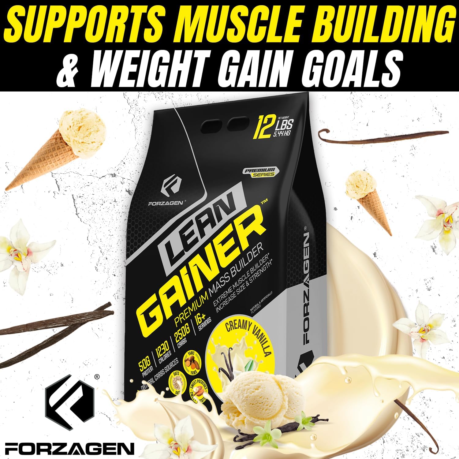 Forzagen Lean Gainer Premium Mass Builder - Mass Gainer Protein Powder (12 Lbs, Creamy Vanilla) for Men & Women
