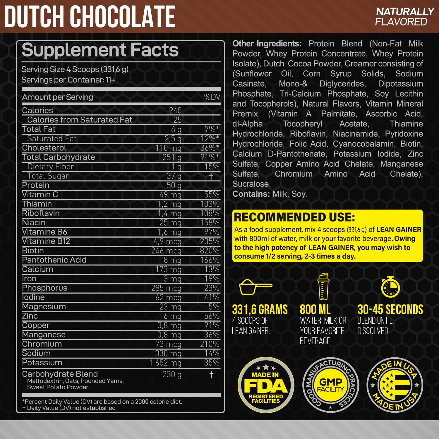 Forzagen Lean Gainer Premium Mass Builder Protein Powder - High Calorie Weight Gain Supplement for Men & Women - Muscle Building Bulk Supplement, Dutch Chocolate, 8 lbs.