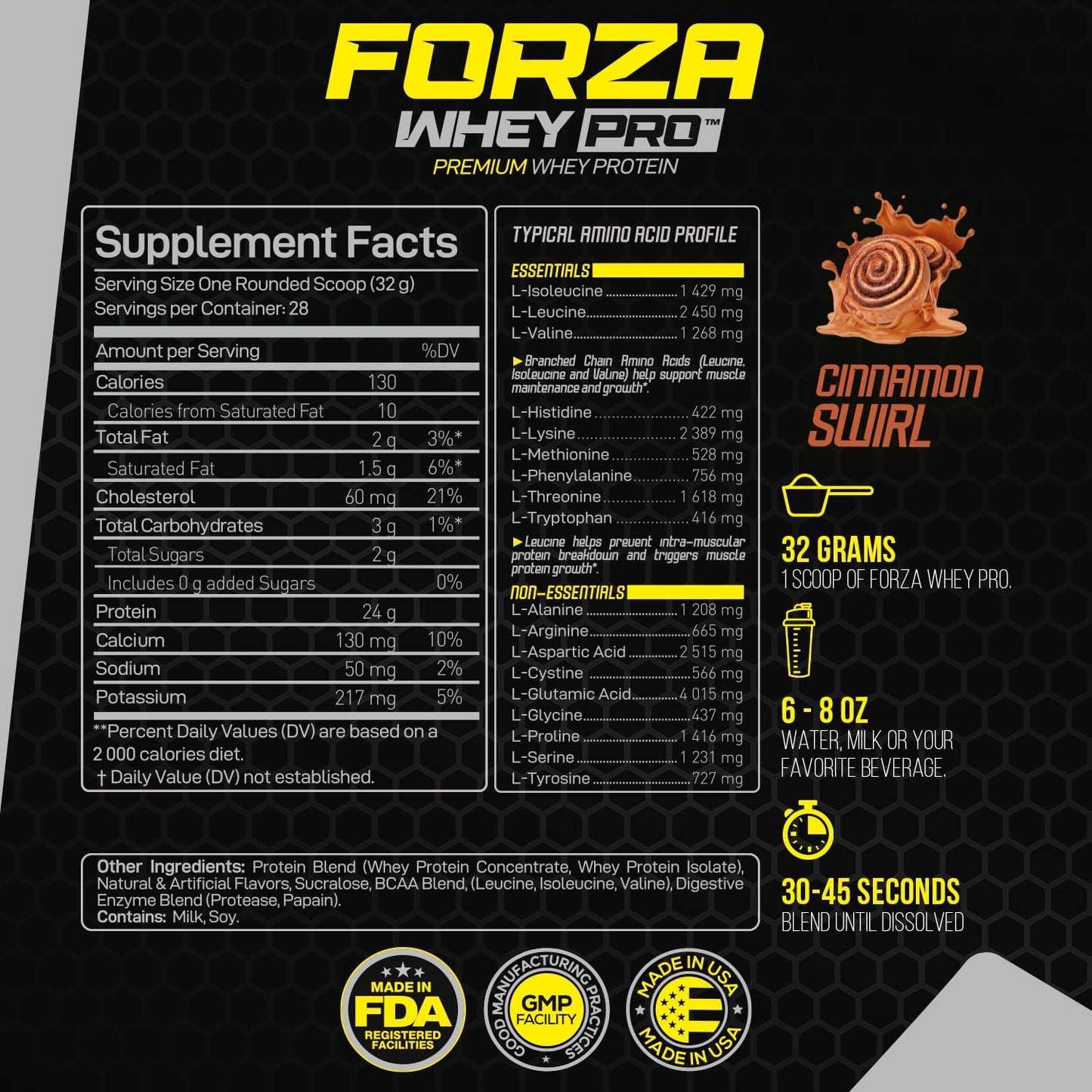Forzagen Whey PRO Low Carb Protein Powder - Cinnamon Swirl Flavor | 24g Protein, No Added Sugar, Gluten Free | Ideal for Men & Women, BCAA | 2 lbs (28 Servings)