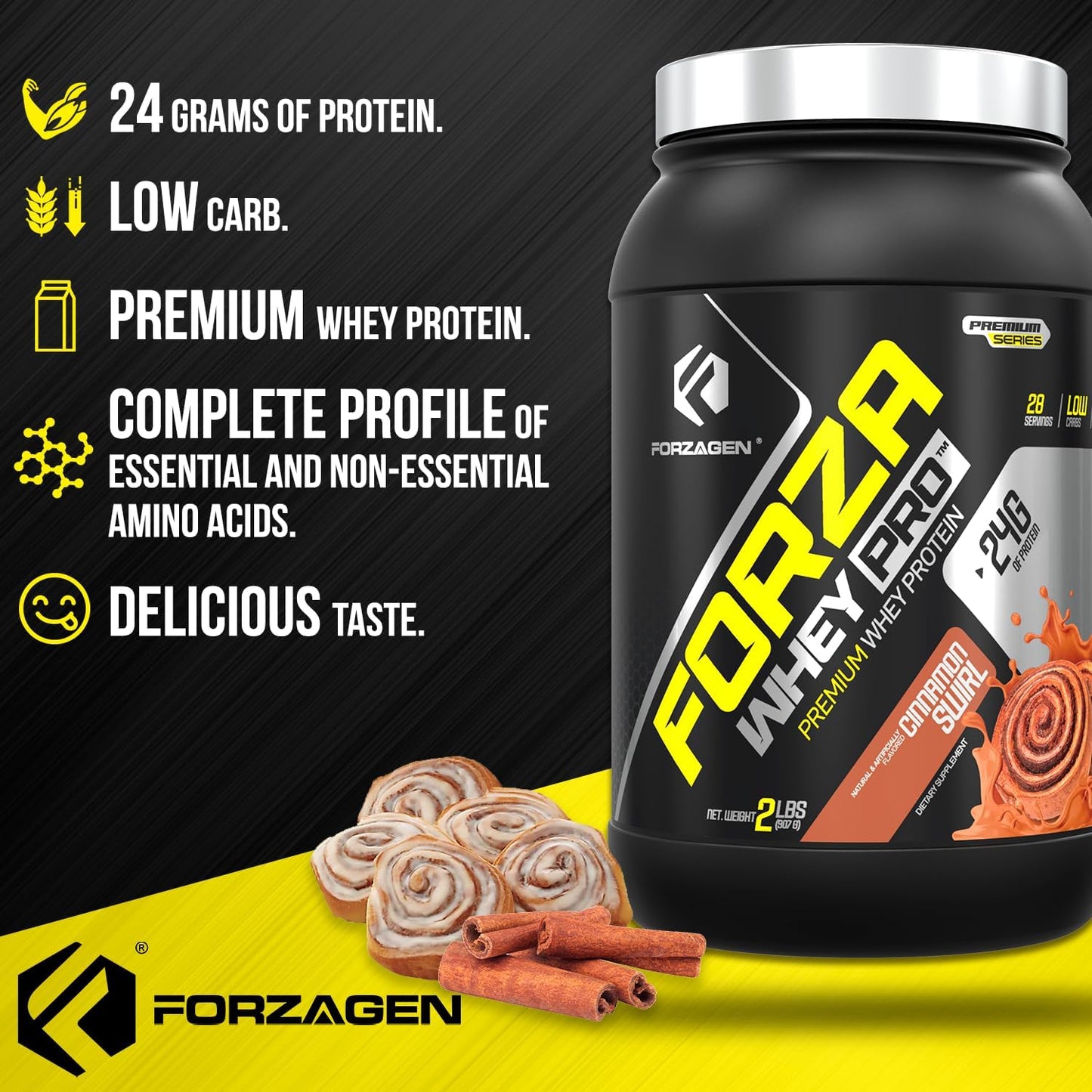 Forzagen Whey PRO Low Carb Protein Powder - Cinnamon Swirl Flavor | 24g Protein, No Added Sugar, Gluten Free | Ideal for Men & Women, BCAA | 2 lbs (28 Servings)