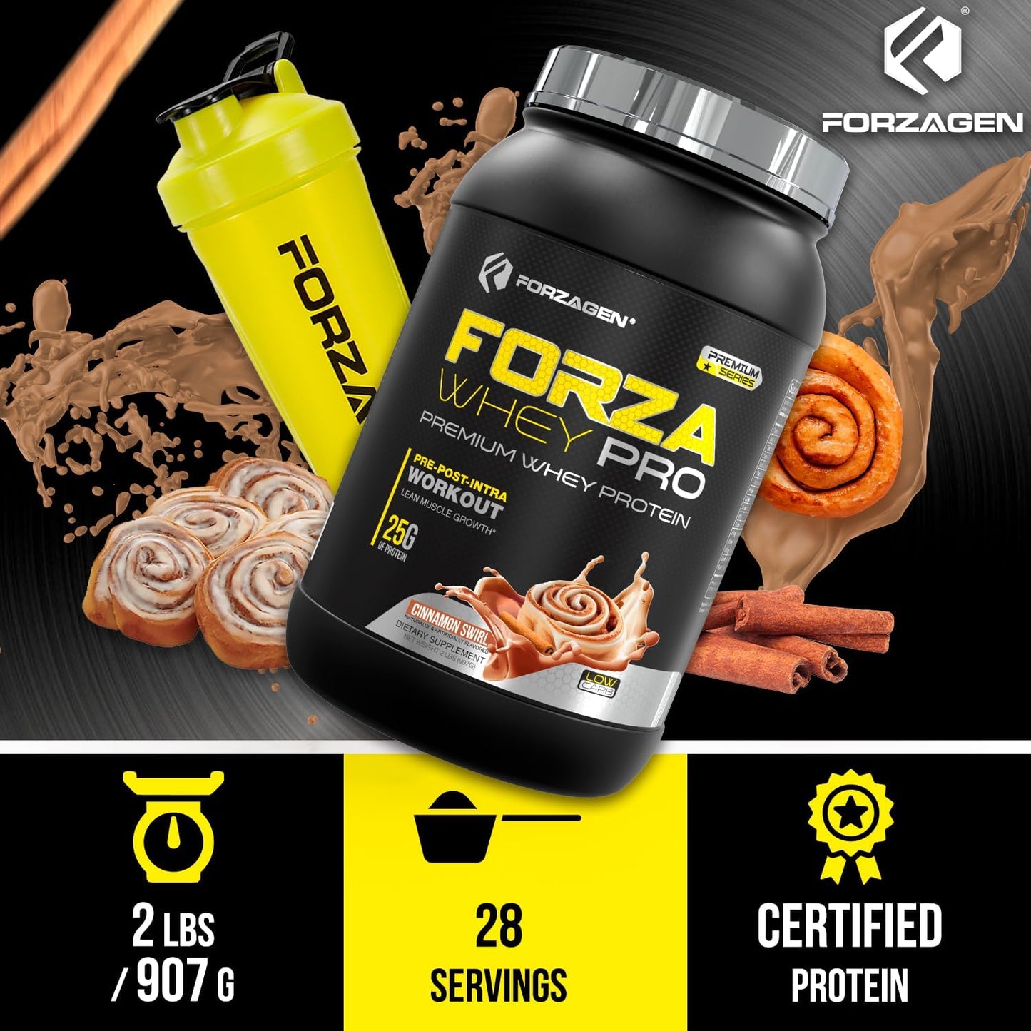 Forzagen Whey PRO Low Carb Protein Powder - Cinnamon Swirl Flavor | 24g Protein, No Added Sugar, Gluten Free | Ideal for Men & Women, BCAA | 2 lbs (28 Servings)