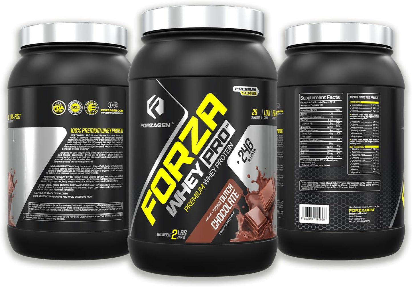 Forzagen Whey PRO Low Carb Protein Powder - Dutch Chocolate Flavor | 24g Protein per Serving, No Sugar Added, Gluten Free, BCAA, Ideal for Men & Women, 2 lbs.