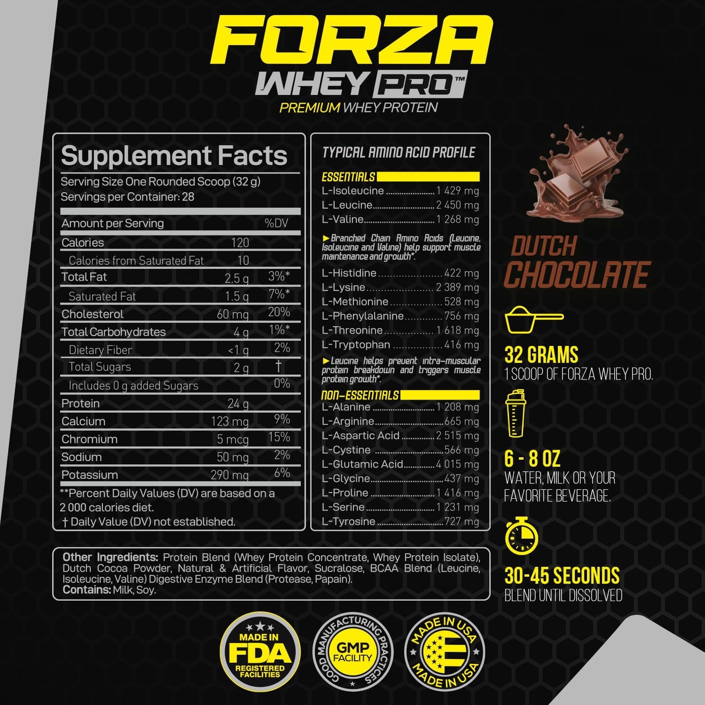 Forzagen Whey PRO Low Carb Protein Powder - Dutch Chocolate Flavor | 24g Protein per Serving, No Sugar Added, Gluten Free, BCAA, Ideal for Men & Women, 2 lbs.