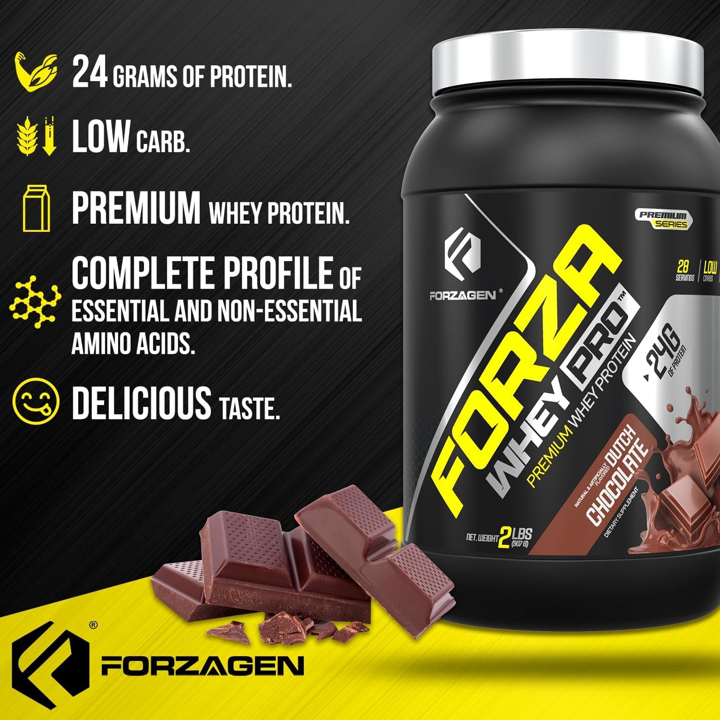 Forzagen Whey PRO Low Carb Protein Powder - Dutch Chocolate Flavor | 24g Protein per Serving, No Sugar Added, Gluten Free, BCAA, Ideal for Men & Women, 2 lbs.